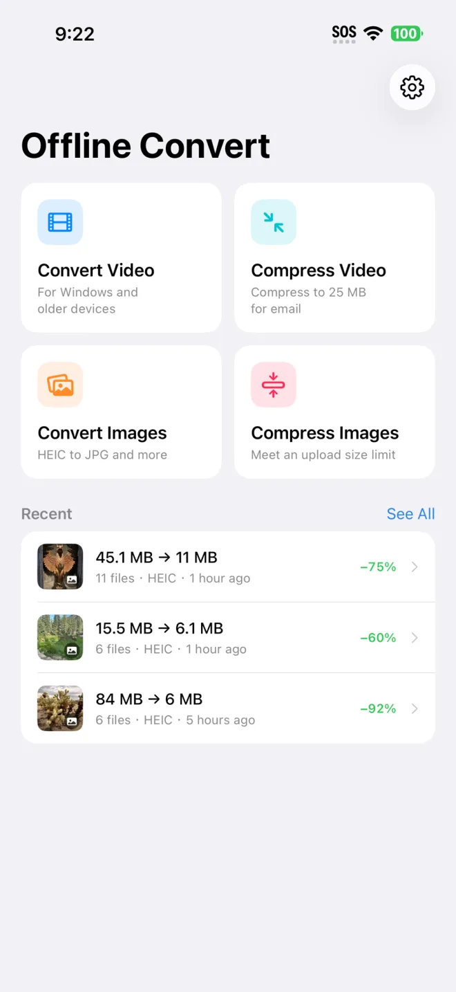 Four tiles: convert video, compress video, convert images, compress images